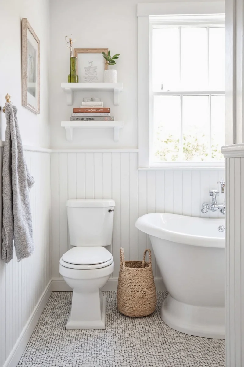Open shelving in farmhouse bathroom