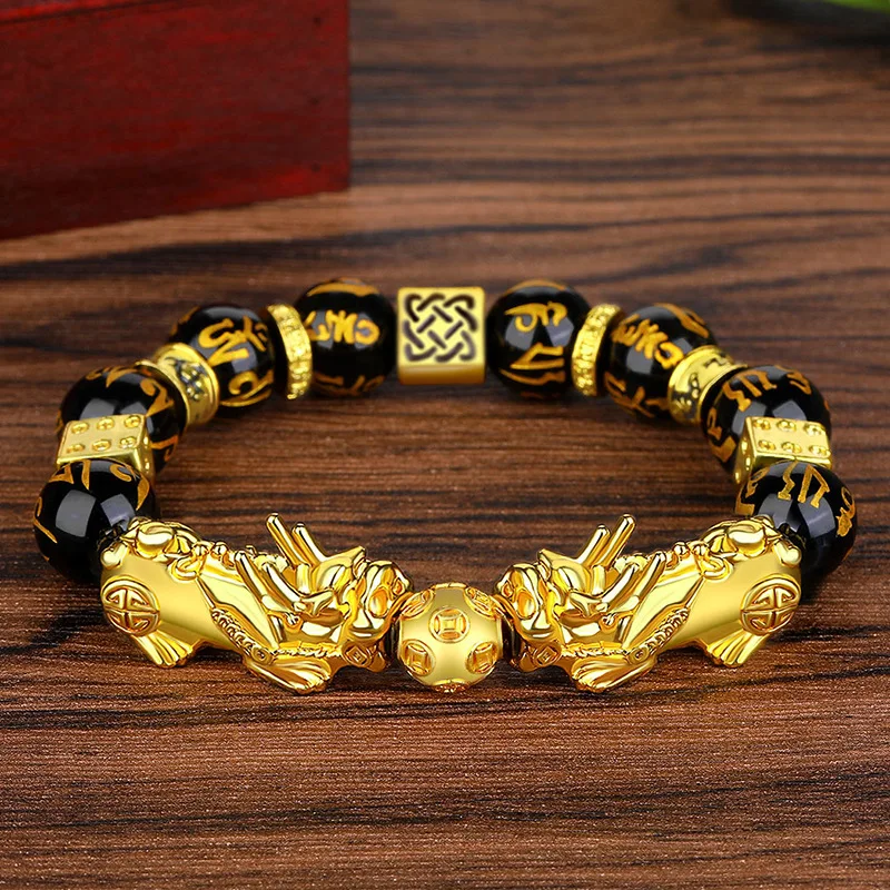 

Women Men Real Gold Plated Jewelry Black Beads Bracelets Lucky Money Feng Shui Pixiu Obsidian Wealth Bracelet, Color