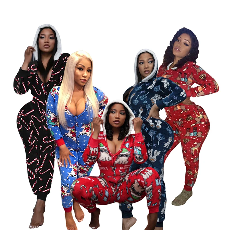 
8019 2020 New Arrival Long Sleeves Onesie Pajamas Christmas Print Women Rompers Adult Onesie for Womens 