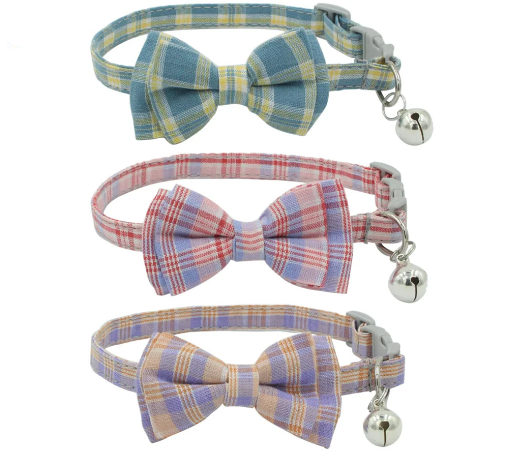 

Wholesale Fashion Plaid Cotton Bow Tie Cat Dog Necklace Choker Cute Pet Wedding Collar with Bell, Mixed colors