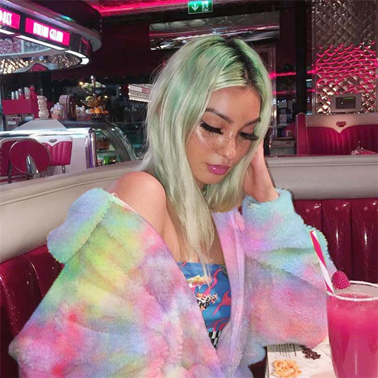 

Zip Up Colorful Tie Dye Fur Jacket Mujer, Picture