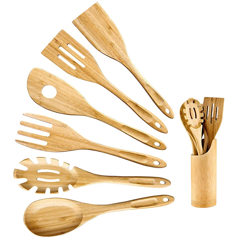 

Bamboo Cooking Utensils with Holder, 7 Pieces bamboo spoons and spatula set