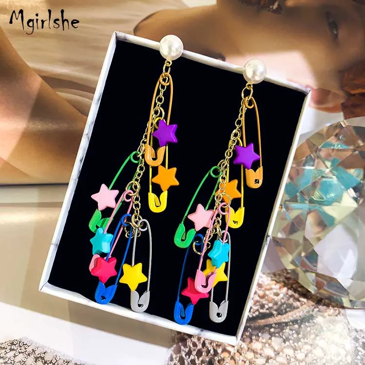 

Mgirlshe Korean Hot Selling Colorful Cute Painted Pins Chain Tassel Pearl Stars Earrings Fashion Girls Travel Trendy Earring