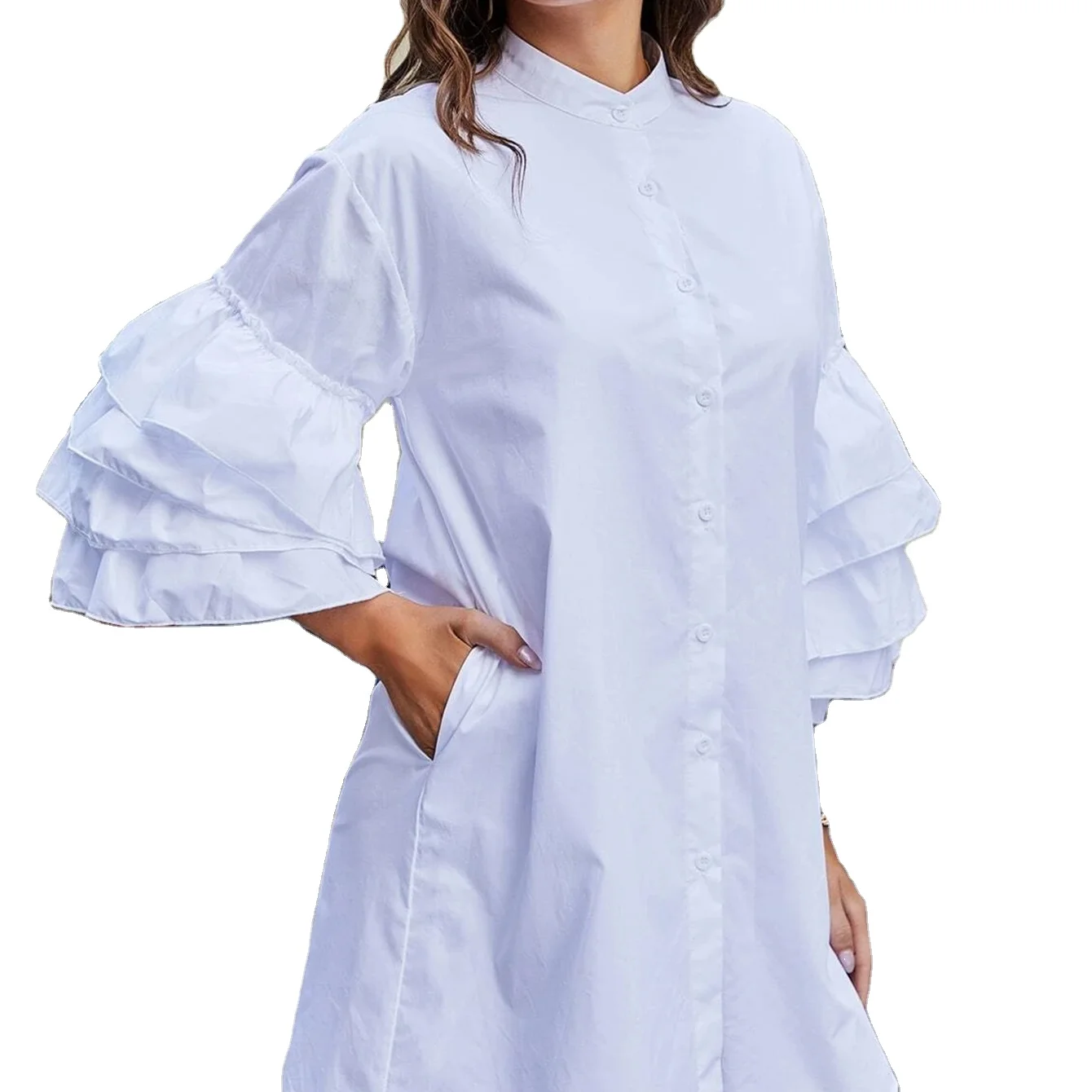

Women Casual Dress Ruffles Lantern Sleeve White Shirt Dresses Button Loose Office Lady Mini Dress