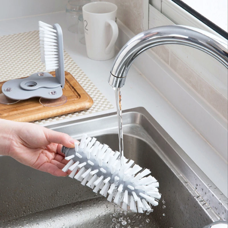 

Glass Washer with Double Sided Bristle Brush, Standing Glass Bottle Cup Cleaner kitchen cleaning brush scrubber, Grey+white