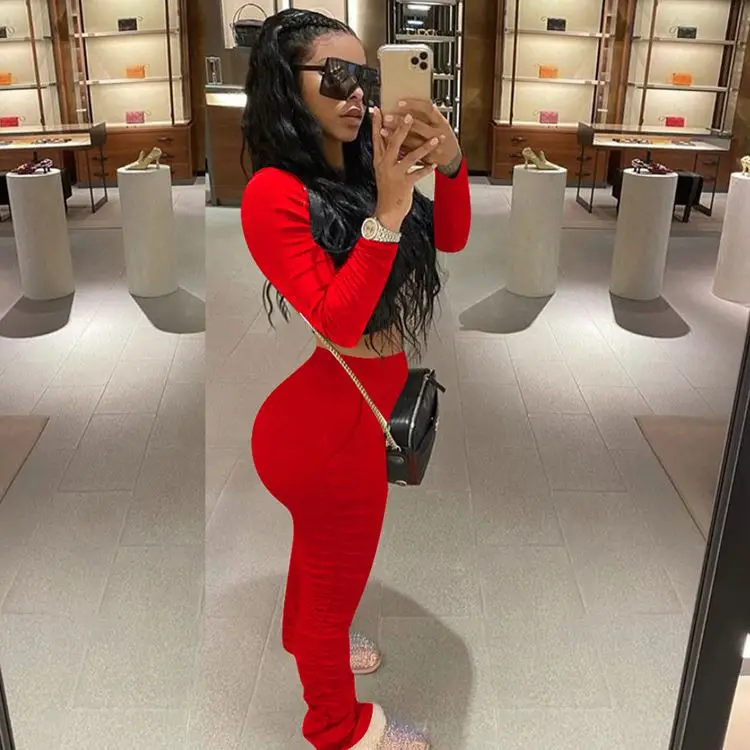 

Best Seller Solid Long Sleeve Sports Suit Reflective Strip Sexy 2 Pcs Track Suit Outfits Two Piece Set Women Clothing, Pink, yellow, red, black, beige, green