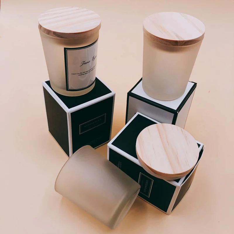 Wholesale Unique Empty Frosted Black Glass Candle Jars With Wooden Lids