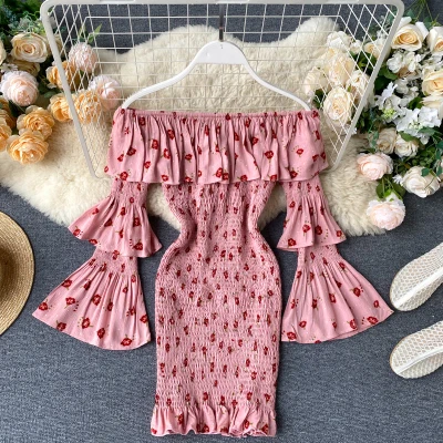 

2020 Summer Women Fashion Off Shoulder Floral Printed Flare Sleeve Bodycon Dress
