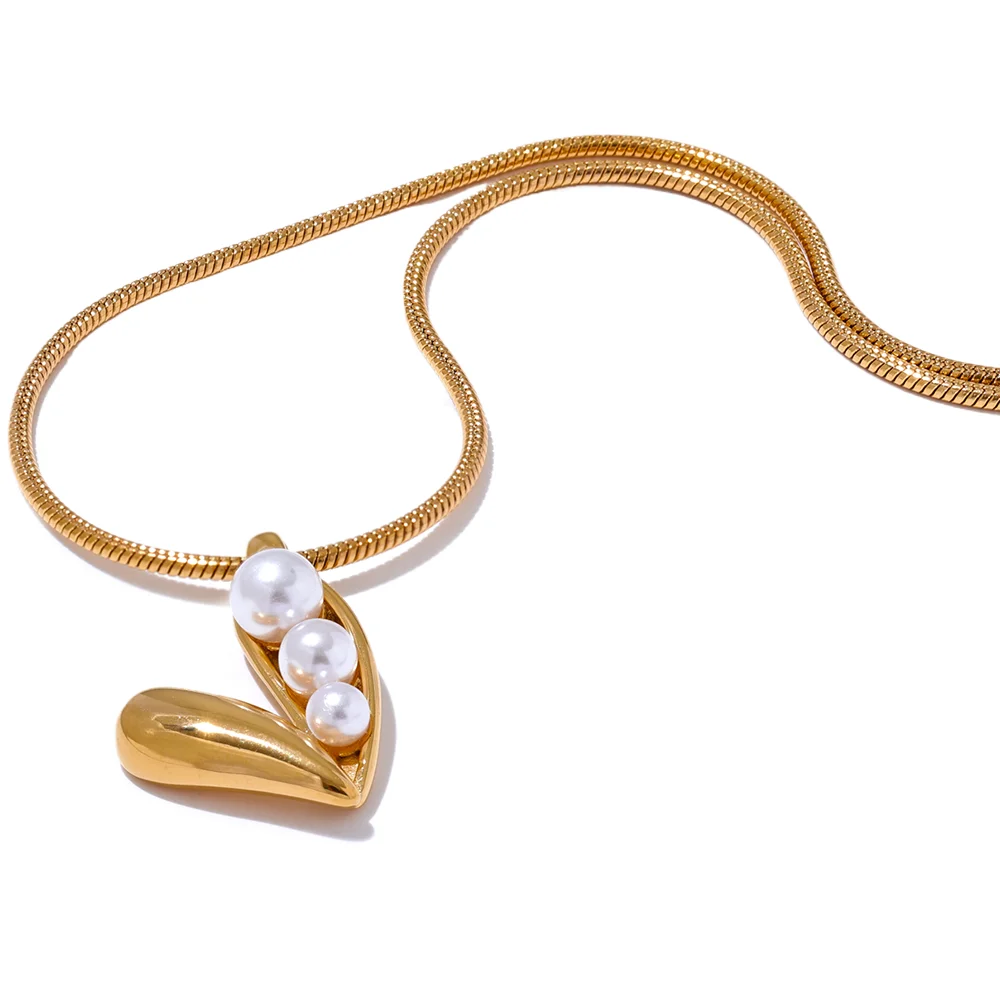 

JINYOU 3179 Trendy Stainless Steel Imitation Pearls Heart Love Pendant Necklace Water Resistant Gold Fashion Collar Jewelry