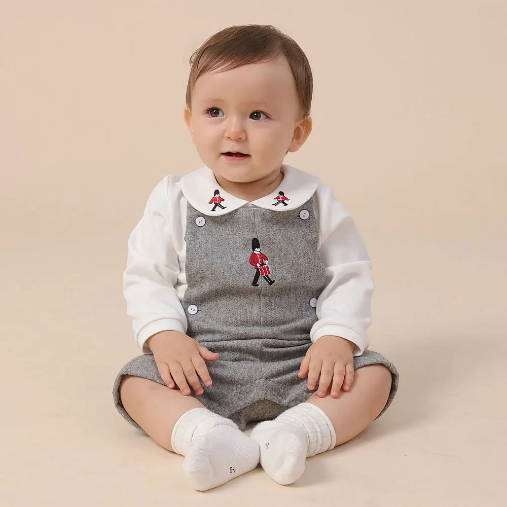 

Children Boutique Clothing Boys Autumn Soldier Clothes Set Baby Embroidery White Long Sleeve Shirt+Overall Pants