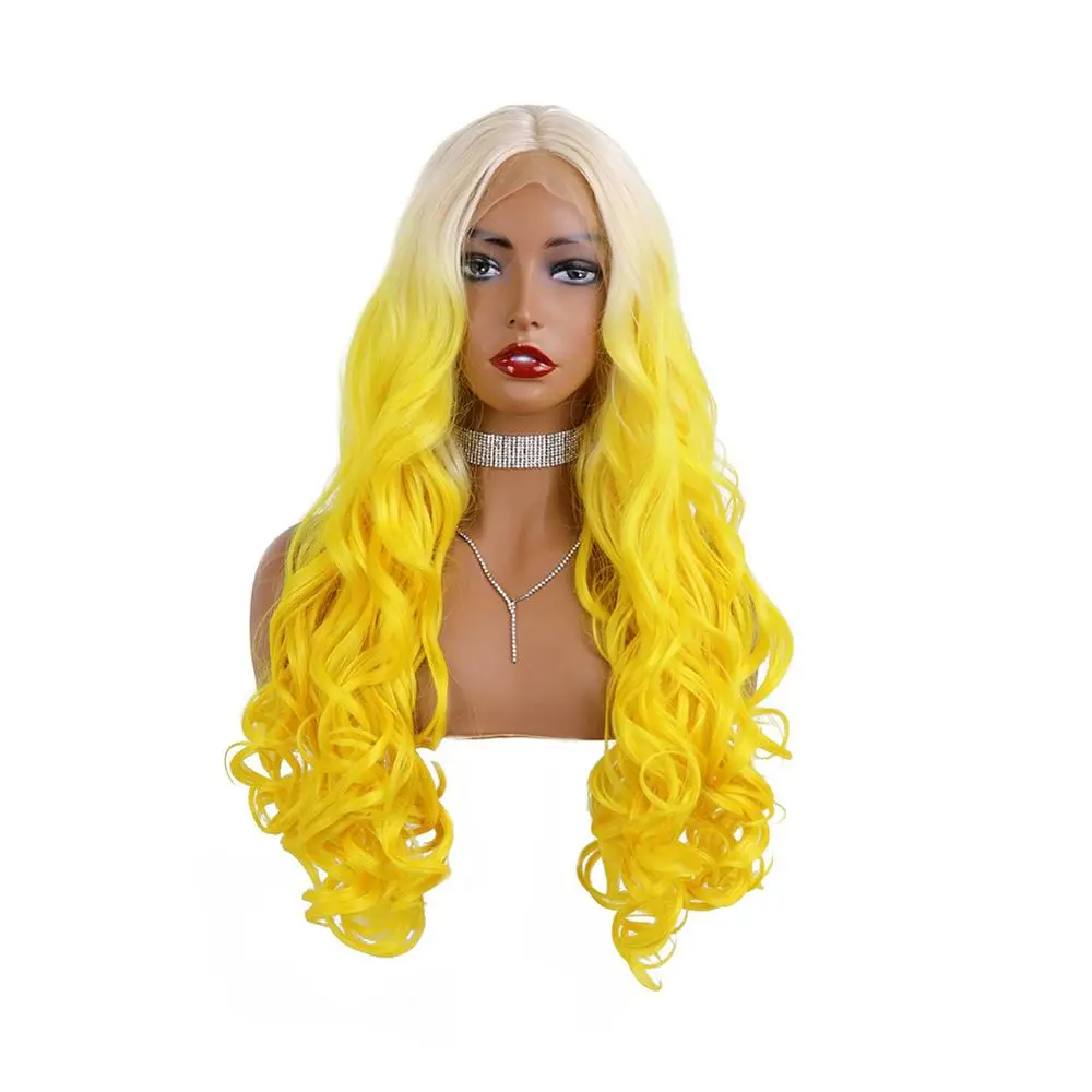 

Yellow Ombre Blonde Colorful Lace Wig Glueless Hair Synthetic Lace Wig Wave Long Lace Front Wigs for Women