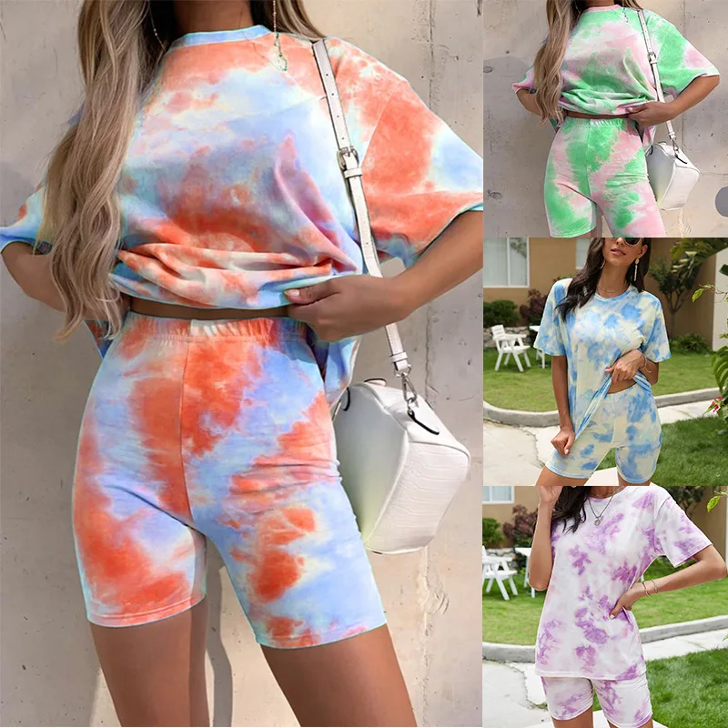 

Tracksuit Women Tie Dye 2 Piece Outfits Clothing Short Sleeve Top And Pants Fashion Casual Fitted Two Piece Set