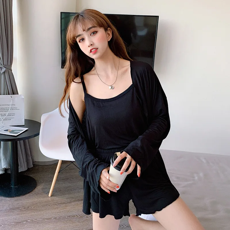 

Summer modal ladies loose three-piece long-sleeved cardigan top short-sleeved shorts three-piece sleepwear set home service wome