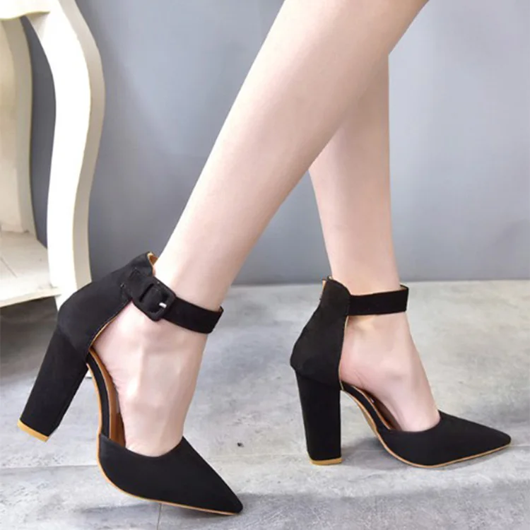 

high quality block high heel pointed toe suede ankle pumps women shoes