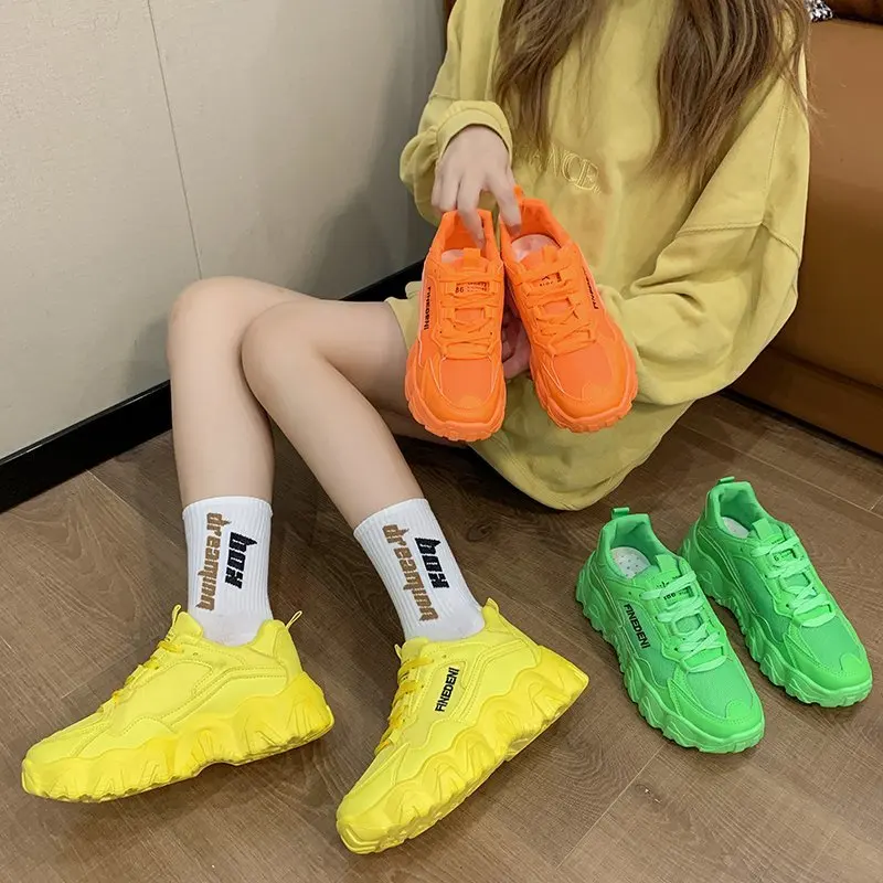 

2020 New Sneakers Women Platform Casual Shoes Platform Basket Femme Yellow Women's Fashion Sneakers Chunky Shoes Ladies Shoes, Yellow,green,orange