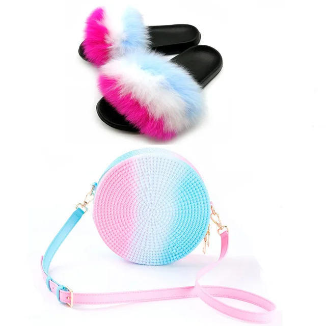 

2021 New Fashion Colorful PVC Ladies Crossbody Pack with Fur Slides,Women Fur Slippers and Jelly Rattan Beach Bag Set, As picture