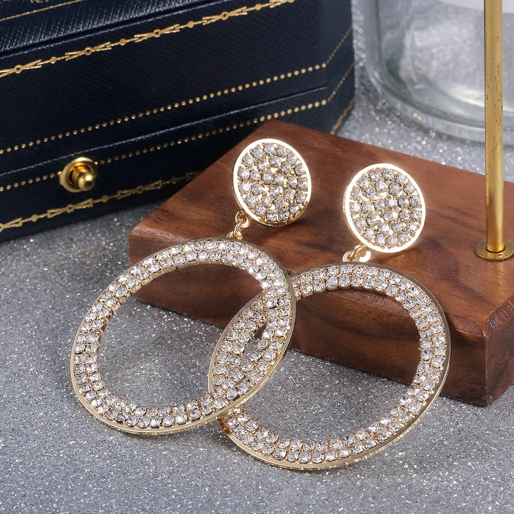 

CAOSHI 2019 New Fashion Women Luxury Earrings Silver Gold Rose Gold Coating Hoop Round Earrings Rhinestone