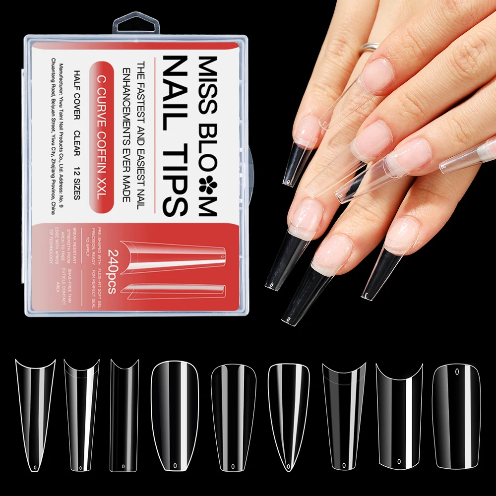 

Missbloom 240Pcs Clear Soft Gel Nail Tip Tapered Square Half Cover Full Cover C Curve ABS Press On Nails, Clear natural