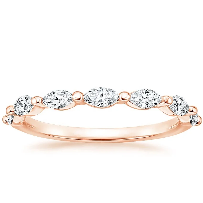 

10K Rose Gold Ring Single Row Micro Pave Half Marquise Shaped Moissanite Joelle Ring Gold Wedding Ring Eternity Band
