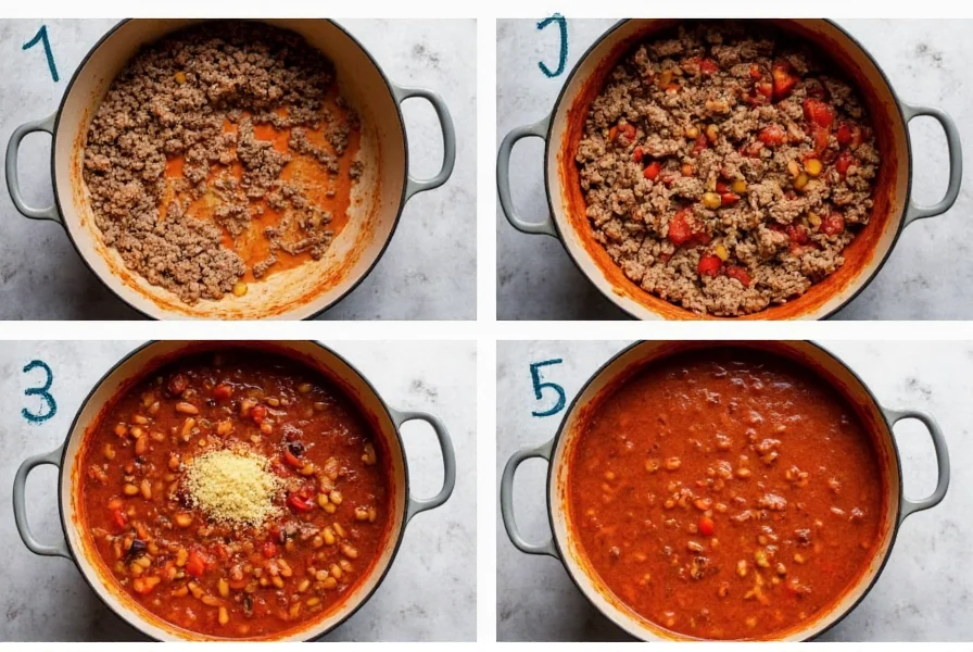 Step-by-step easy chili recipe with ground beef, tomatoes, and beans simmering in a Dutch oven