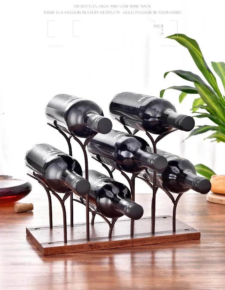 

High-end rustic wood and metal wine rack for 6 bottle holder on the table, Bronze