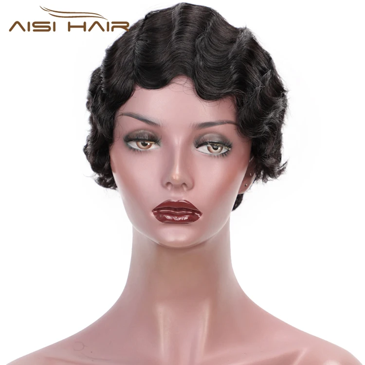 

Aisi Hair 100% Brazilian 4 Inch Short Black Finger Wave Curly Nature Fashion Human Hair Afro Pixie Cut Wigs For Black Women