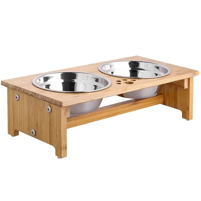 

manufacturers shipping support customization Wooden pet feeder shelf stainless steel Wan cat and dog bowl, As shown