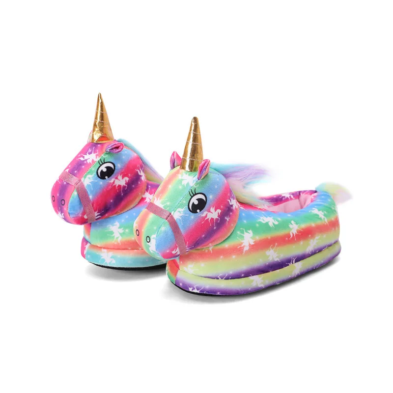 

New Colorful Plush Unicorn Slippers Color Half-drag Cartoon Cotton Slippers Home Warm Slippers Women Indoor Flip Flops, As picture