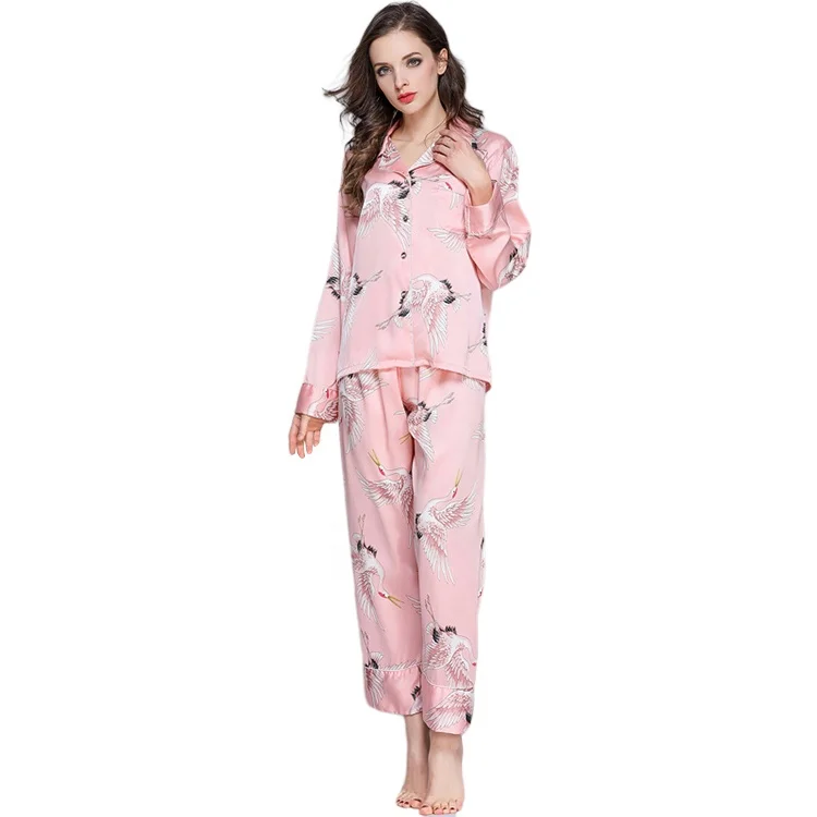 Silk Printed Pyjamas Women spring long sleeve Satin Pajamas Set