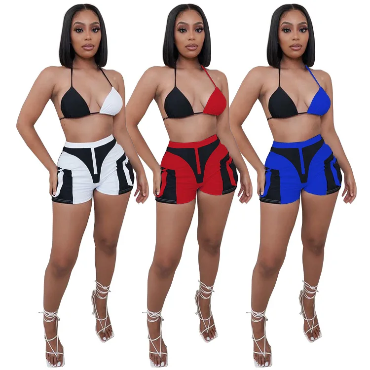 

Dvacaman Trendy Summer 2021 New Arrivals Women Sexy 3 Color Patchwork Backless Crop Top Bandage 2 Piece Bra and Shorts Set, White blue red