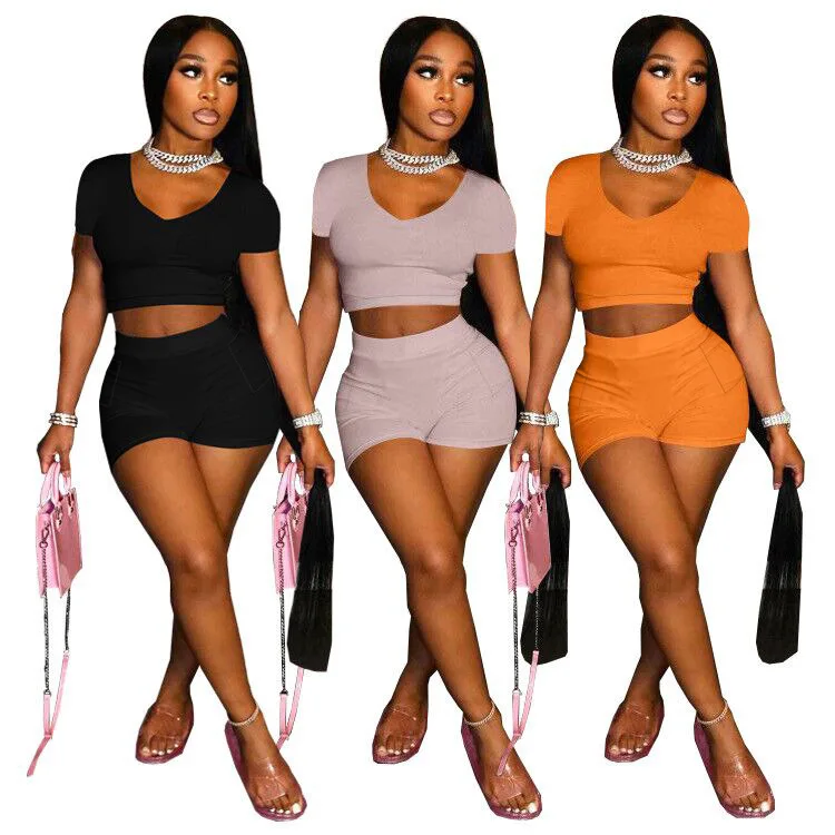

Fashion solid color V neck casual sexy two piece sets women clothing pants set