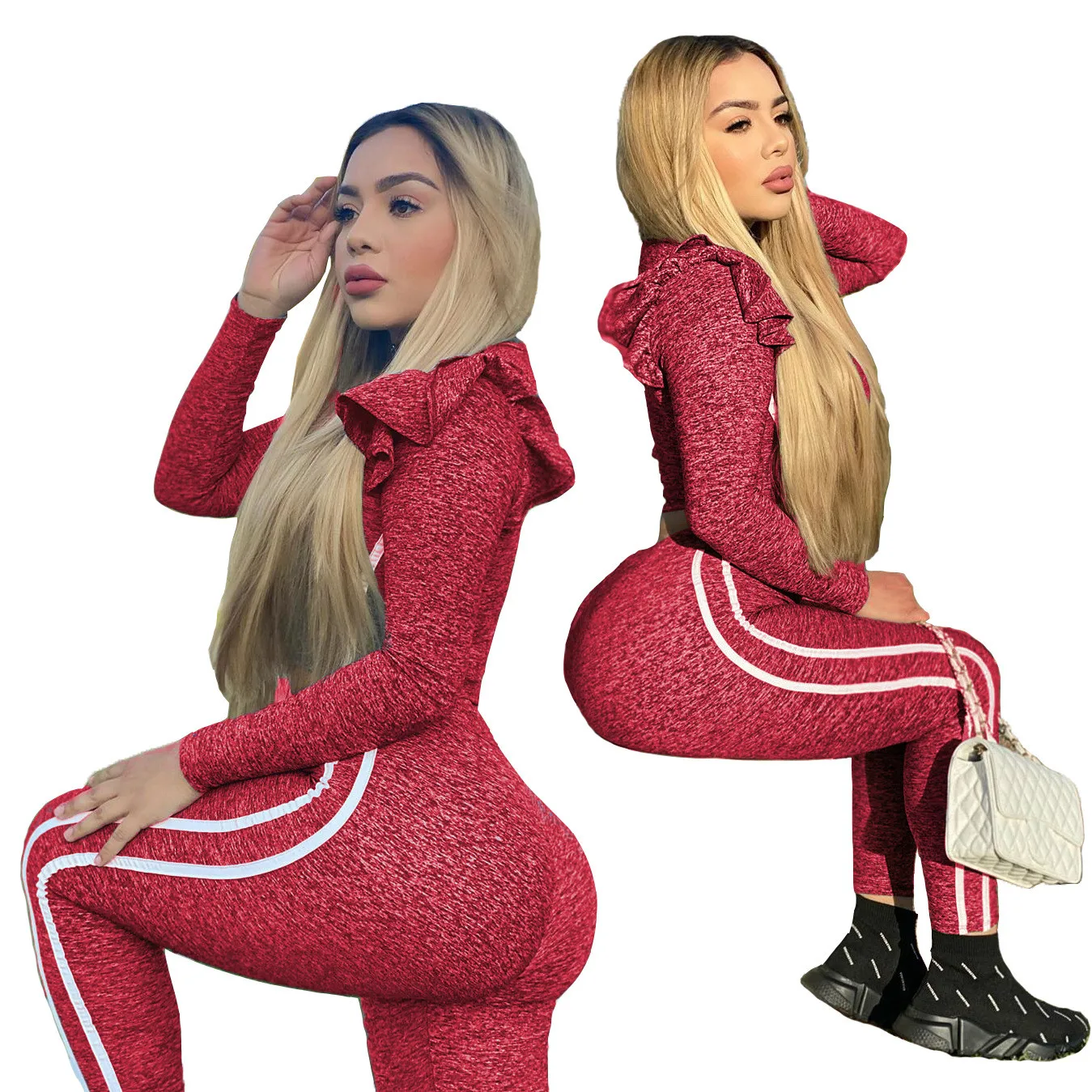 

2021 Fall new long sleeve falbala high elastic jogger track suit women cotton fabric sports clothes plus size two piece of suit