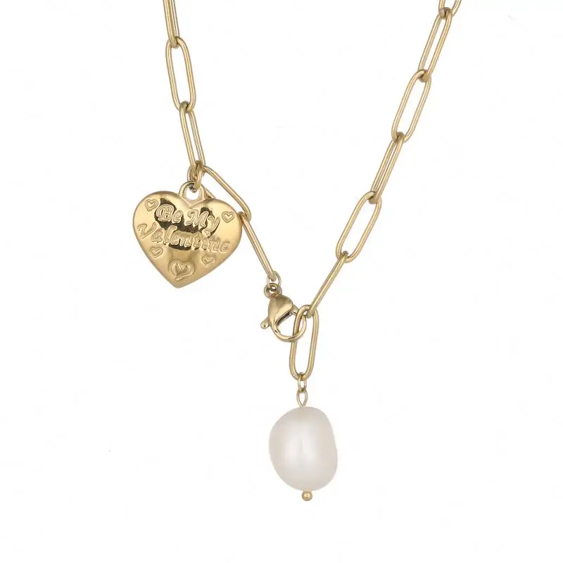

Ladies Romantic Style Engraved English Lovers Pearl Chic Stainless Steel Heart Pendant Necklace, Customized color