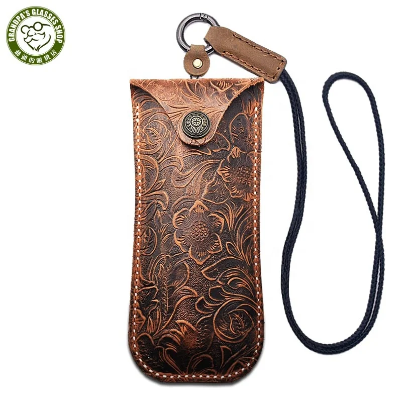 

luxury handmade Head layer cowhide Glasses bag unique patterned relief presbyopia reading genuine leather Glasses case box