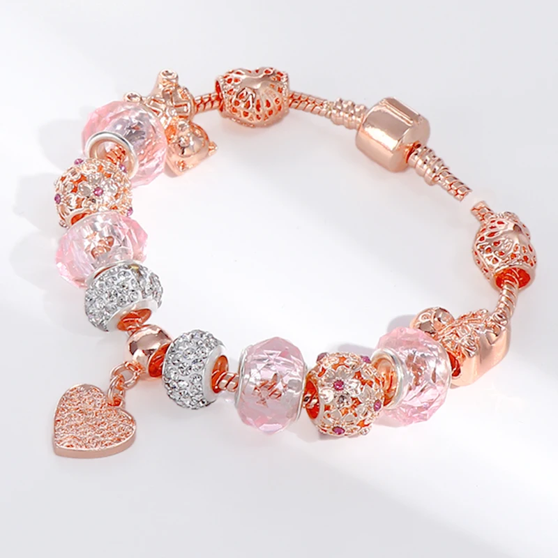 

New Arrival Exquisite Rose Gold Plated Heart Charm Bracelet Women Shiny Crystal Rhinestone Bead Heart Charm Bracelet for Gifts