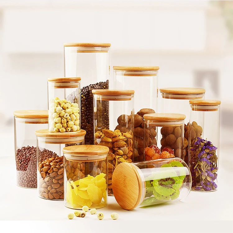 

High Quality Transparent Material Borosilicate Pyrex Food Storage Glass Jar Container with Bamboo Lid, Natural