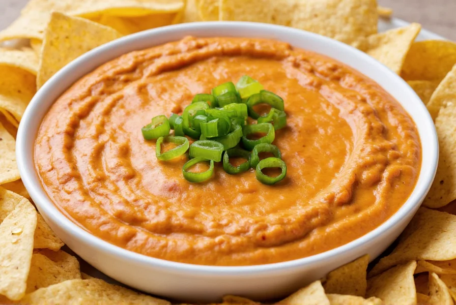 Creamy chili dip with cream cheese served in a bowl surrounded by tortilla chips and fresh green onions
