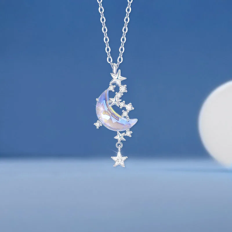 

Fashion Zircon Diamond Star Tassel Necklace Short Clavicle Chain S925 Sterling Silver Moon And Star Necklace For Women