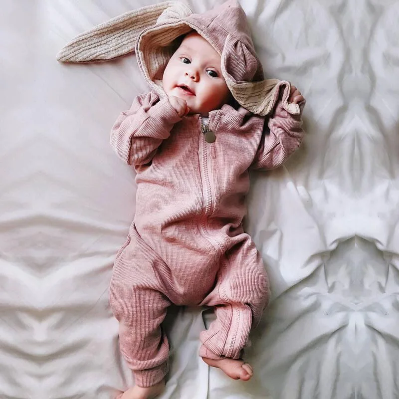 

Hot Ins Leisure Infant Newborn Clothes Soft Cotton Baby Clothes Rabbit Ears Hooded Smooth Zipper Baby Girl Boys Rompers