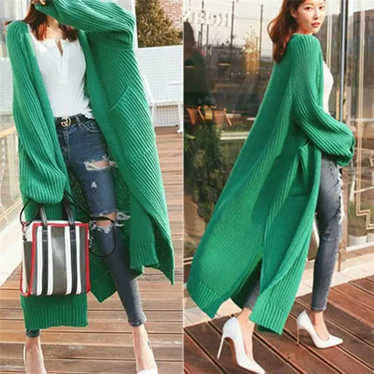 

Wholesale Women Korean Lazy Knitted Woolen Long Cardigans Casual Loose Slip Puff Sleeve Knit Sweater Coat Open Front Cardigan