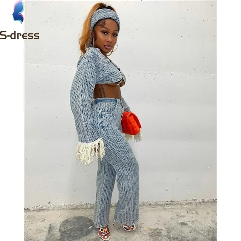 

Crop Tops Denim Jean 2 Piece Pants Sets Women Tracksuits 2021 Fall Winter Clothes 2 Two Piece Pant Trousers Sets Clothing S85471