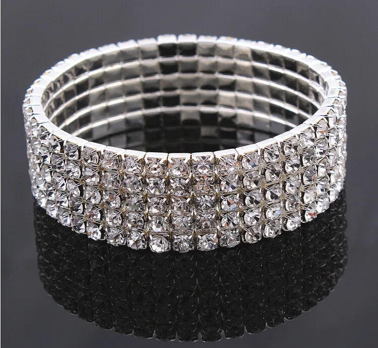 

Wristband Women Wedding Bridal Jewelry Bling Fashion 2 3 4 5 Rows Full Crystal Rhinestone Elastic Bracelet Bangles