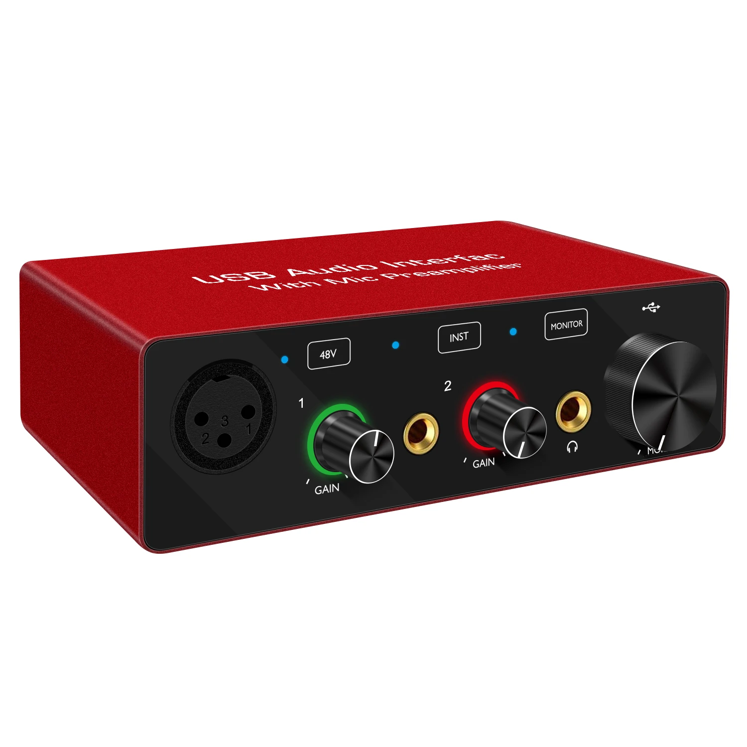 

Support 48V phantom power Microphone 2-IN, 2-OUT USB Audio Interface with Microphone preamplifier