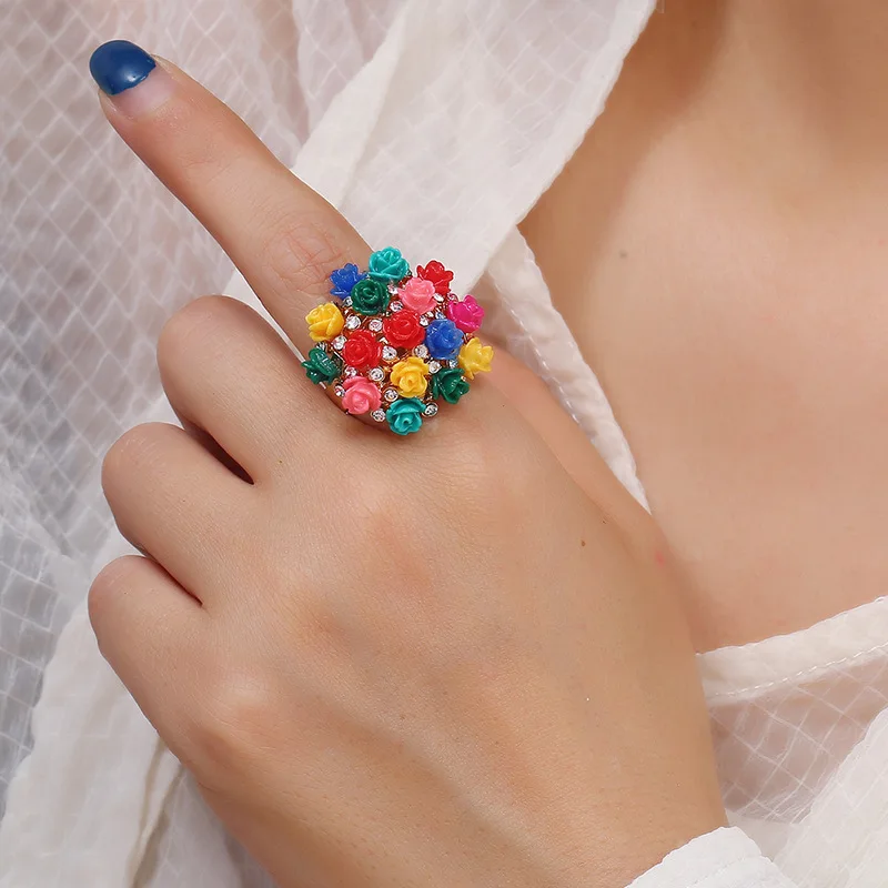 

JUHU 2021 Fashion diamond ceramic Simple flowers ring adjustable rhinestone Ring Jewelry Wholesale rose ring gift for women, Colorful