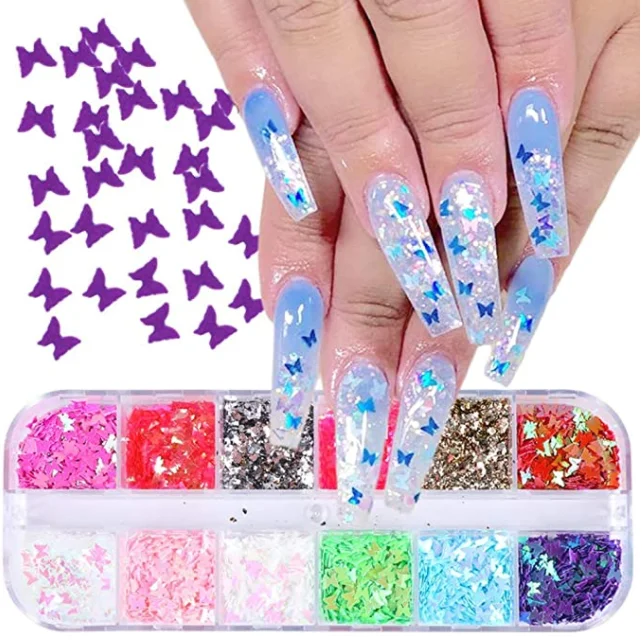 

12 Colors Butterfly Nail Glitter Holographic Nail Art Decoration 3D Nail Art Flakes Sparkle Glitter Butterflies, As image show