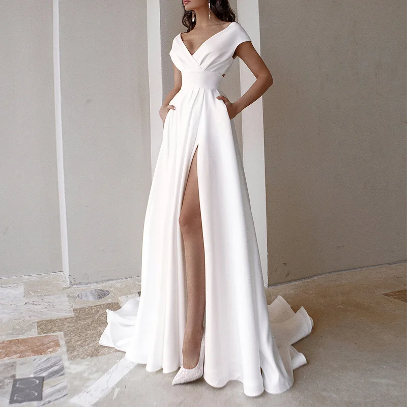

2021 summer fashion sexy v-neck solid color split halter girls white long dresses