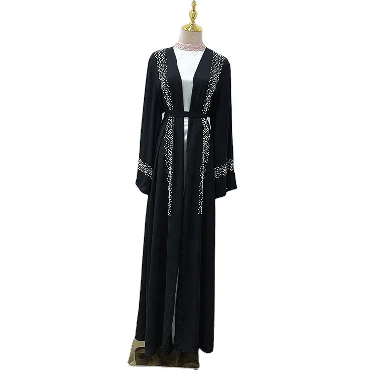 

Luxury Black Pearls Burqa Dubai Open Abaya Coat Kaftan Ramadan Gown Robe