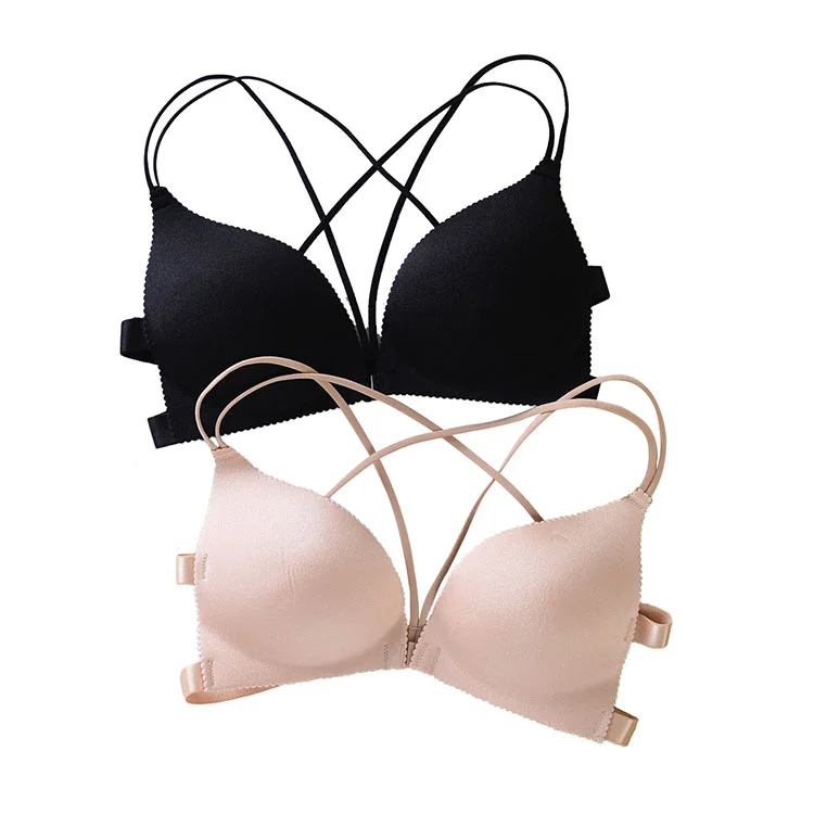 

Wholesale cheap Price Women Cross triangle cup beauty Back Push Up Bra Wire Free Front Closure padded bra, Black, skin