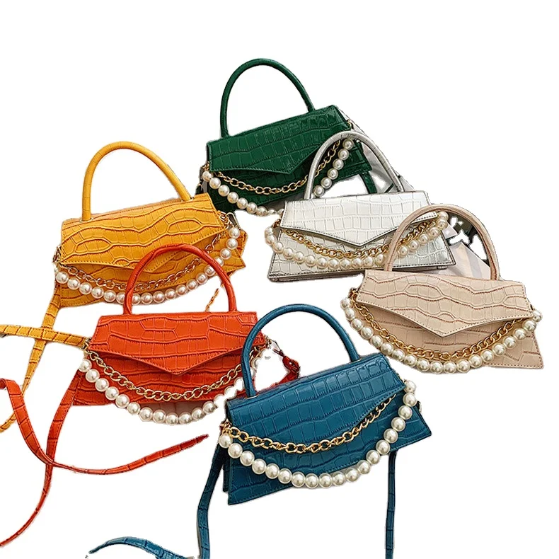 

Emboss Shiny Alligator Small Women Hand bags Crocodile Pu Leather pearls chain Mini bag Designer ladies Handbags 2021
