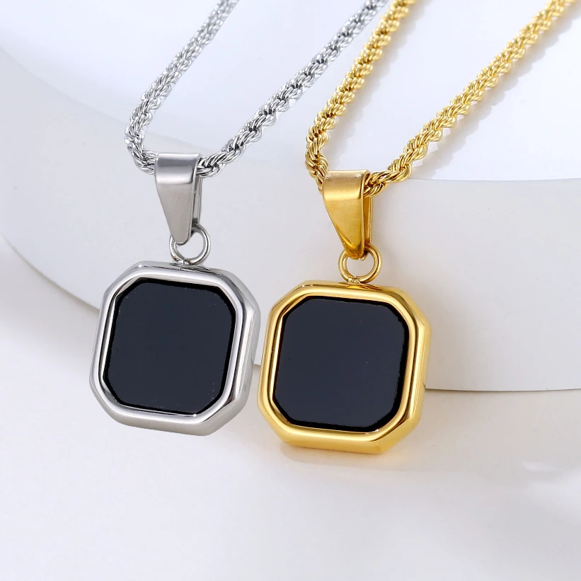 

New Arrival 18K Gold Plated Geometric Pendant Necklace Stainless Steel Chain Lapis Lazuli Black Enamel Square Necklace